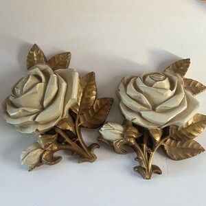 Mid Century modern flower rose Wall plaques Vintage Decor HomeCo gold & cream🌹
